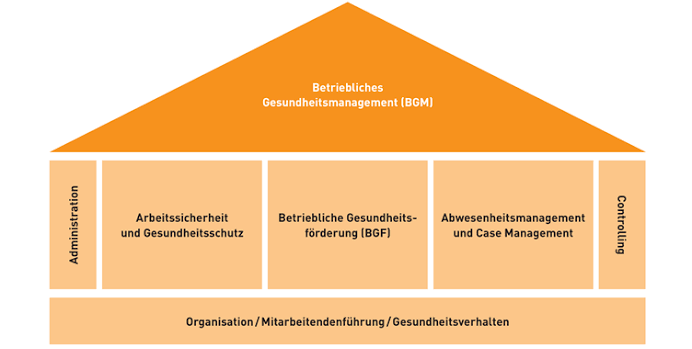 Das BGM-Haus zeigt die wichtigsten Bausteine eines ganzheitlichen Betrieblichen Gesundheitsmanagements.